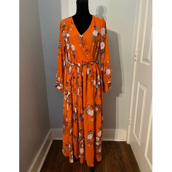 Orange Floral, V-Neck Maxi Dress - Picture 8 of 14